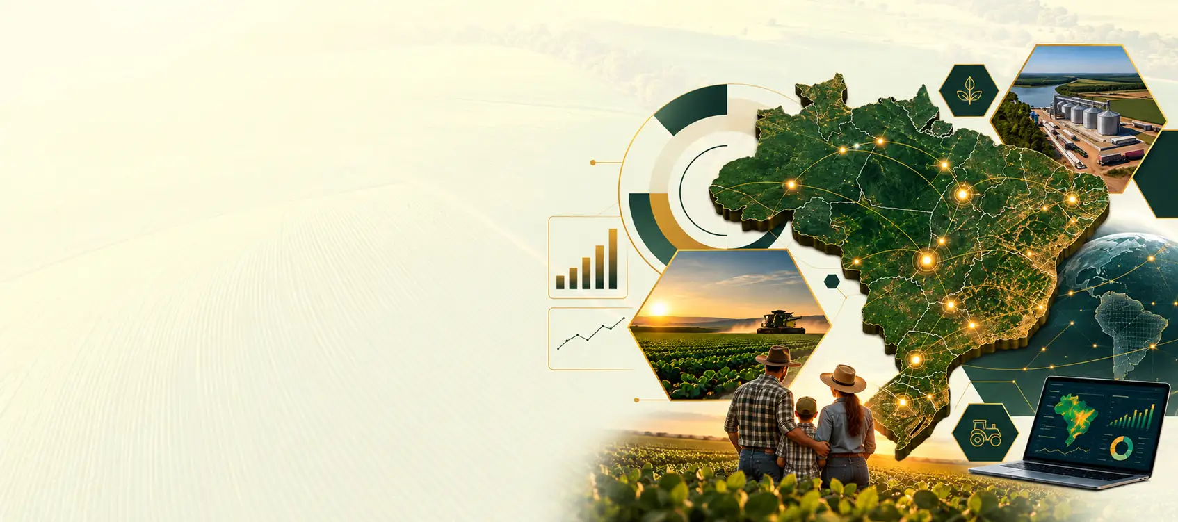 Mapa do Brasil conectado ao agronegócio, com uma família de produtores no campo.